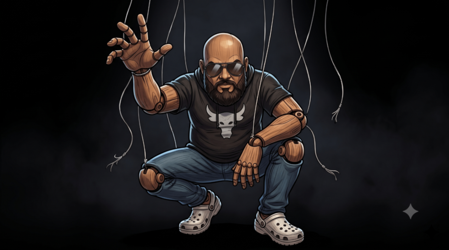 A marionette figure that has cut its own strings, rendered in dark tones